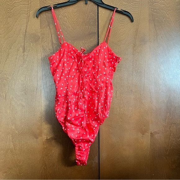 Zara Tops - Zara NWT Red With White Stars Lace Up Bodysuit Sz Small